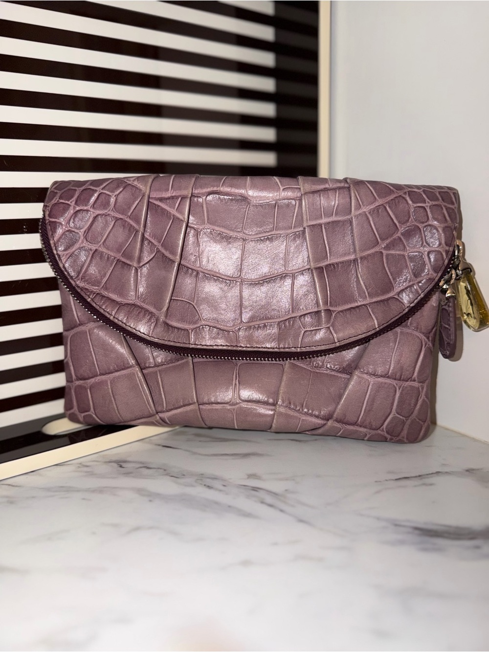 Henri Bendel Croc Embossed Leather Convertible Clutch Shoulder Bag Mauve Purple